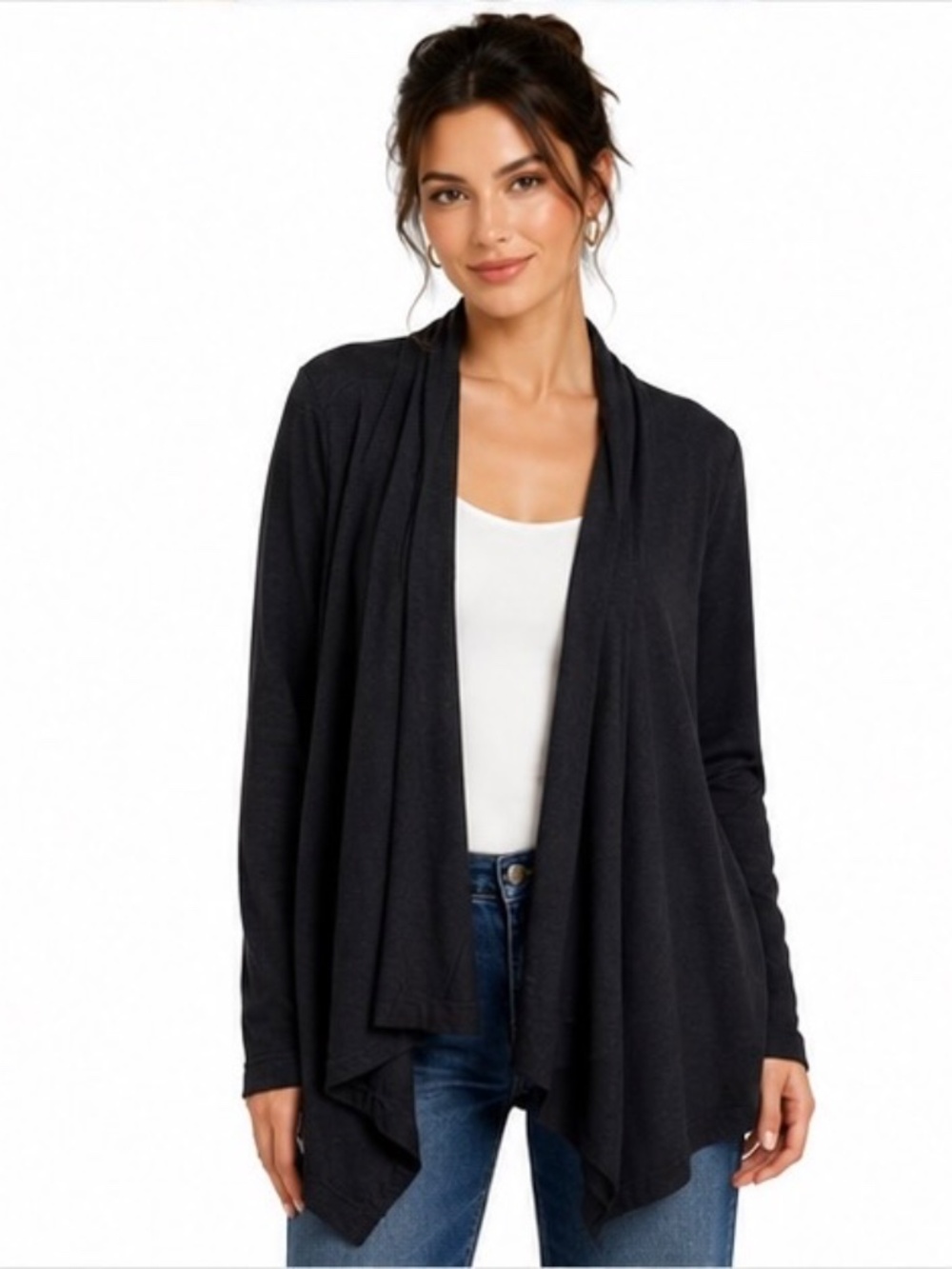 Max & Mia Black Draped Open Front Cardigan – Dark Grey Women's Large